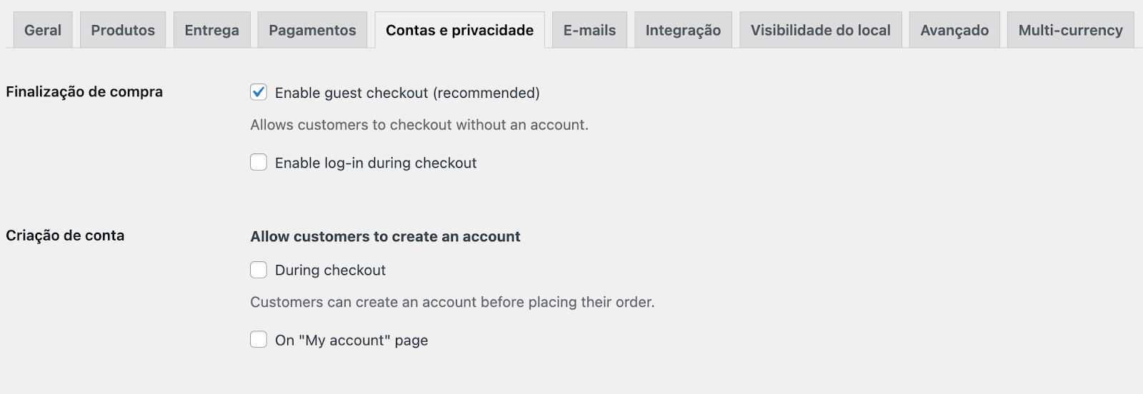 Configuração de contas e privacidade no WooCommerce